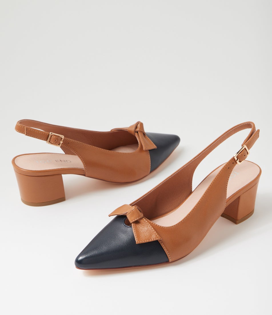 Aymay Navy Dark Tan Leather Heels