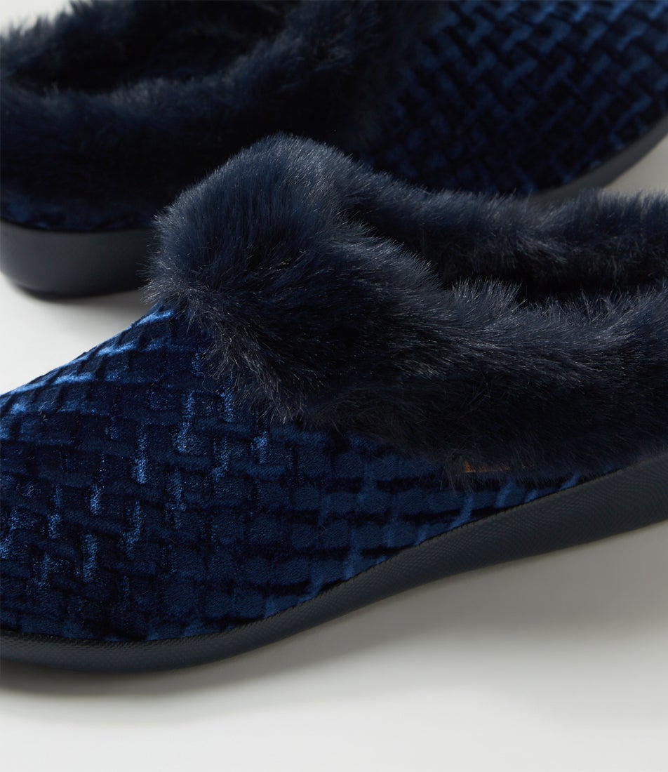 Fifi Xw Navy Emboss Velvet Slippers