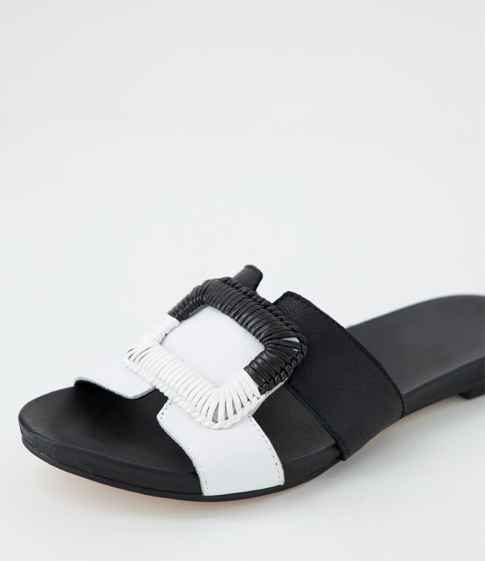 Juniper White Black Leather Slides