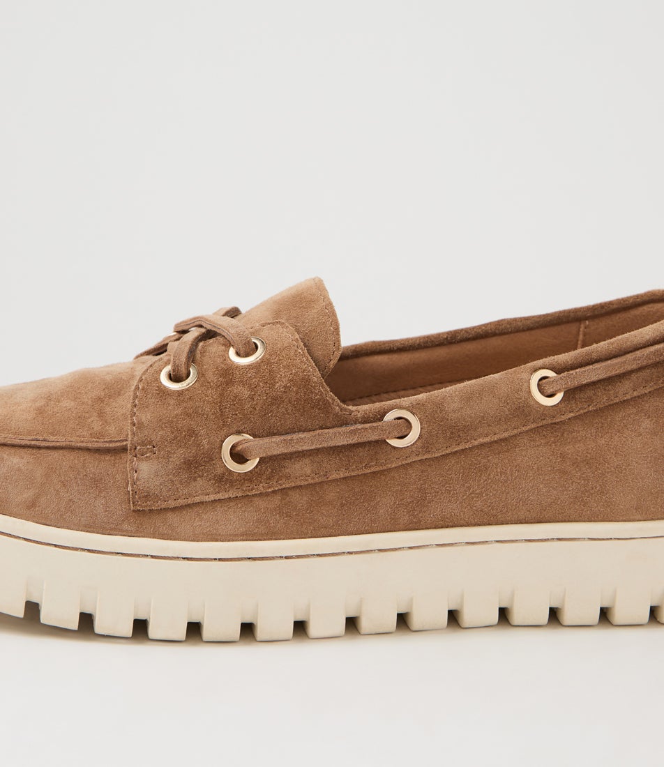 Tassins Light Choc Off White Suede Flat Shoes