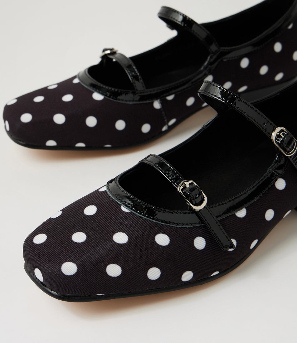 Brammleys Black White Spot Black Fabric Patent Mary Jane Heels