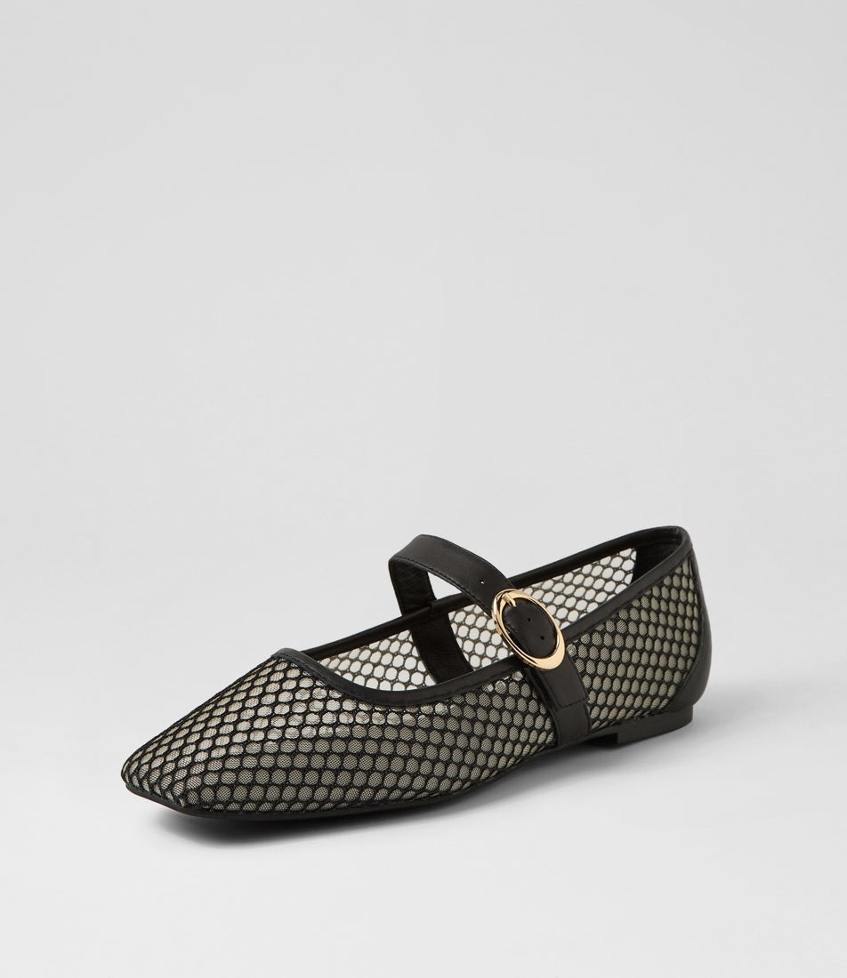 Tartina Black Mesh Leather Flat Shoes