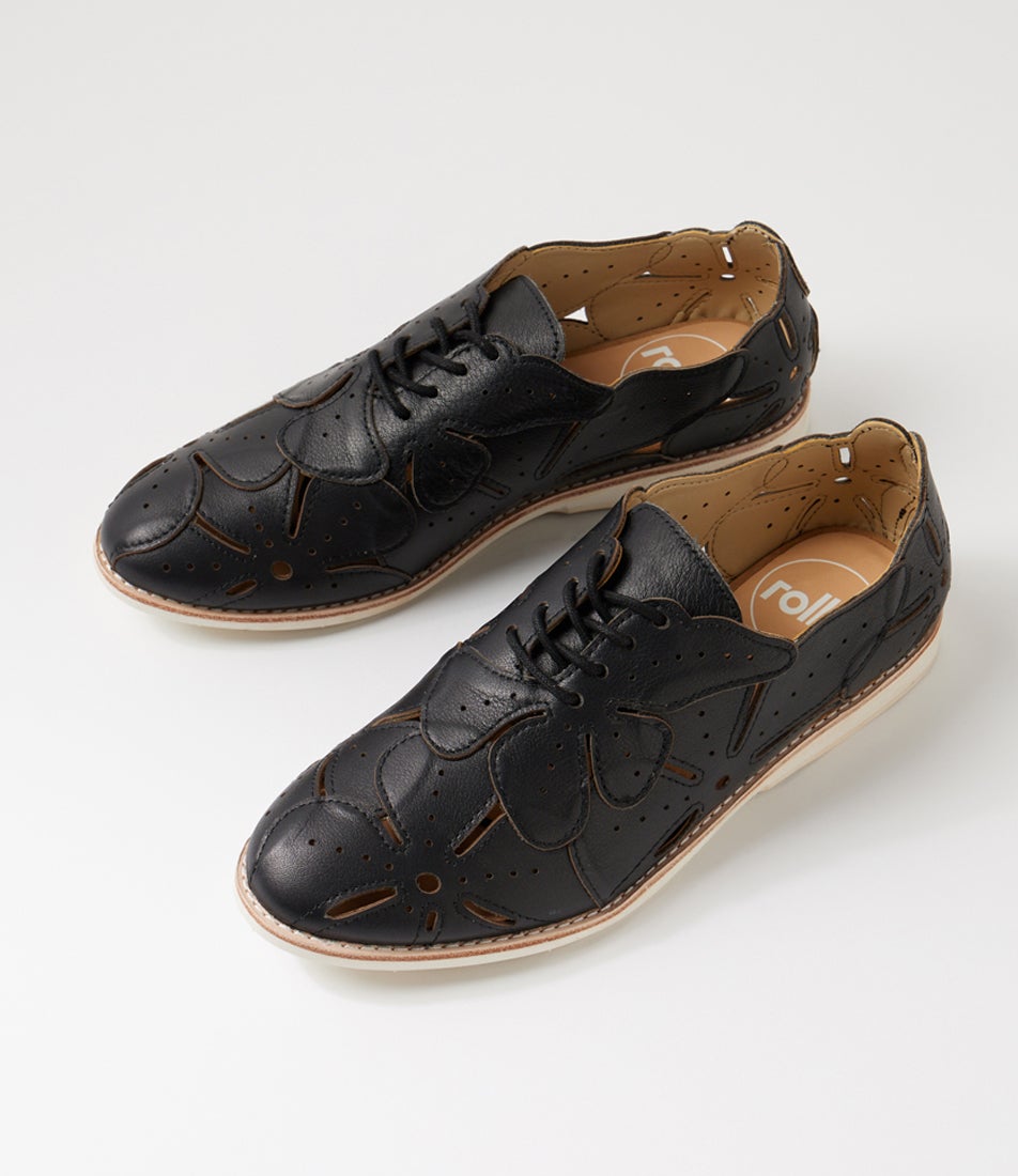 Derby Applique Black Leather Lace Up Flats