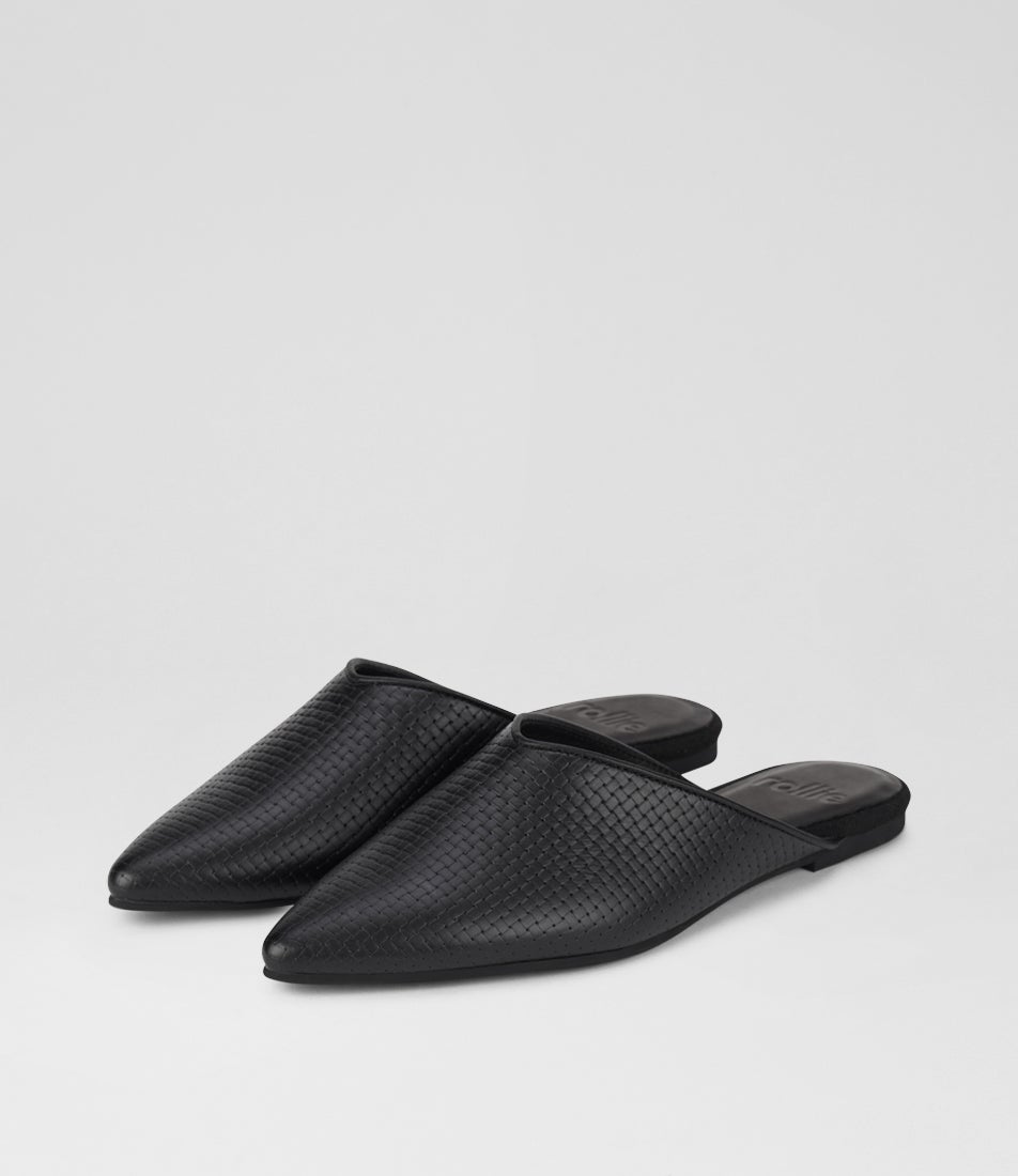 Pointed Mule Embossed Black Leather Flat Shoes