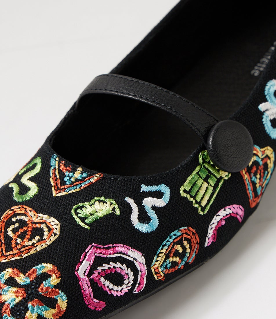 Flemming Black Embroidery Fabric Flat Shoes