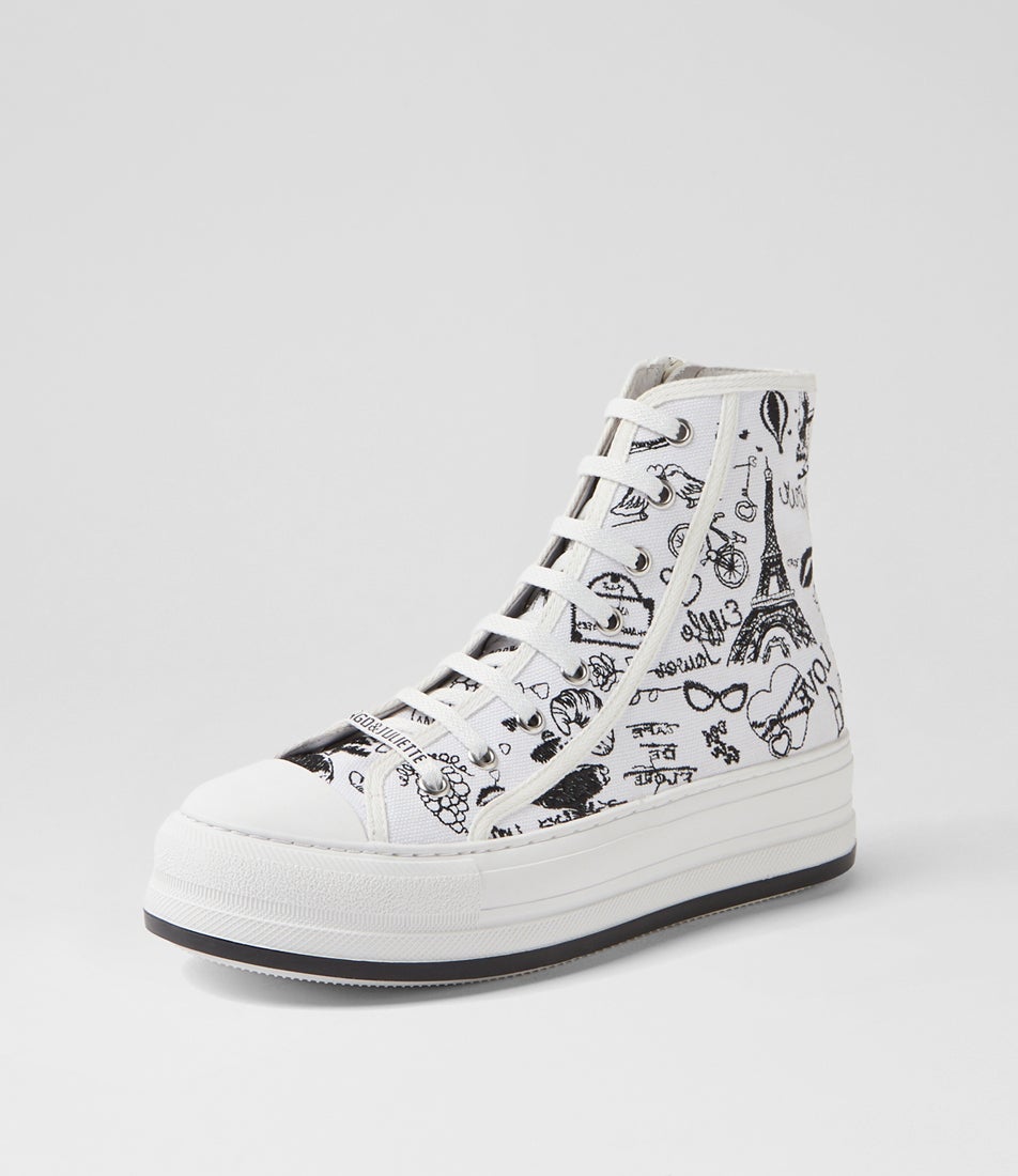 Galdos White Black Print Fabric Ankle Boots