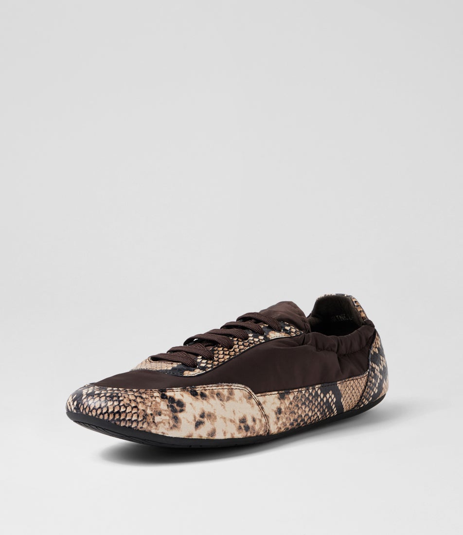 Brinkle Black Caramel Snake Choc Leather Fabric Flat Shoes