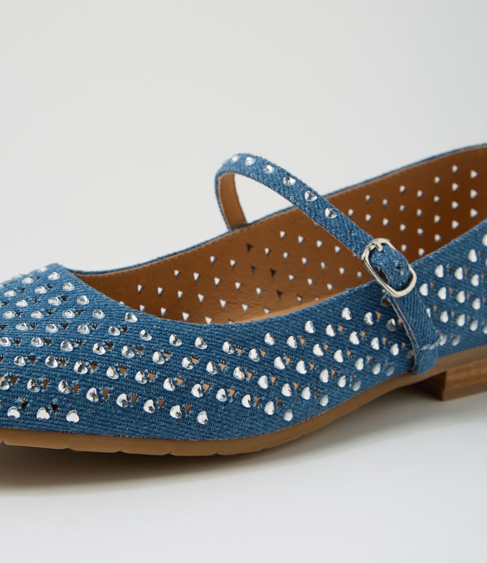 Pheonix Dark Denim Silver Fabric Jewels Ballet Flats