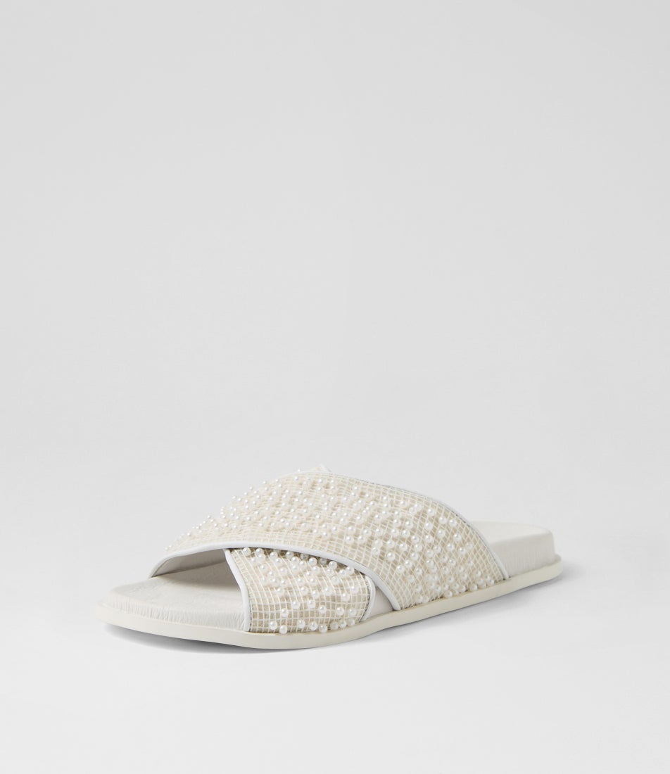 Treppie White Pearls Multi Leather Slides