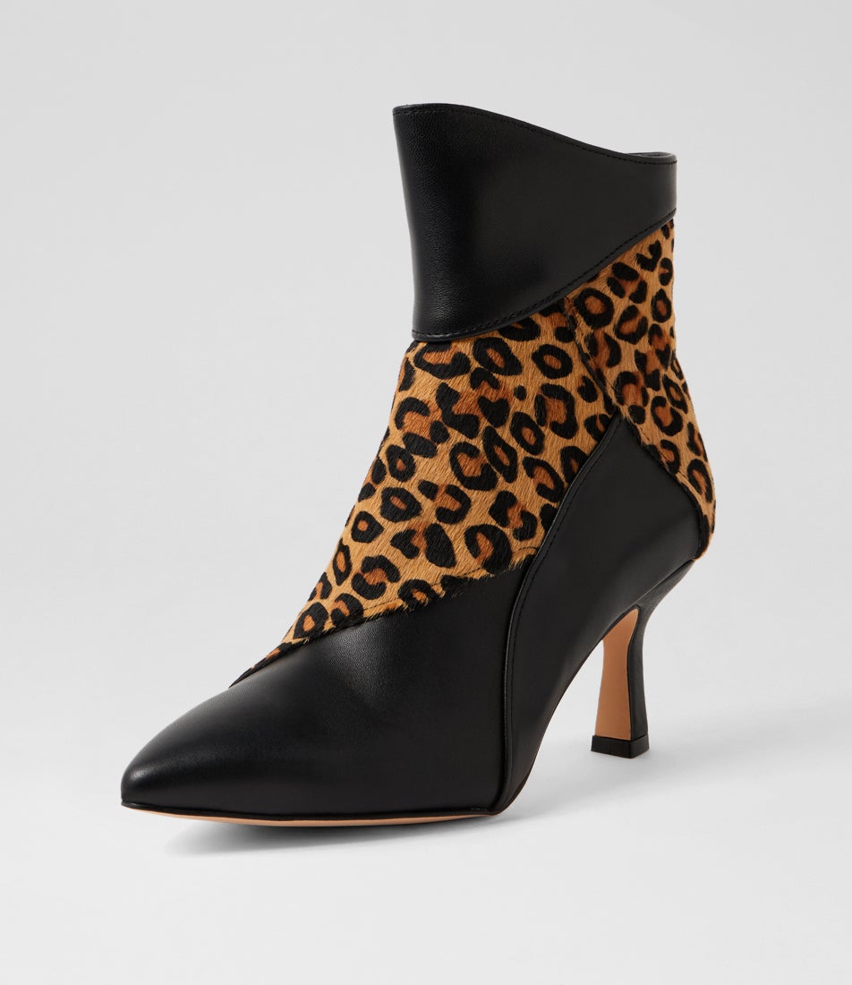 Loriza Black Light Tan Leopard Leather Ankle Boots
