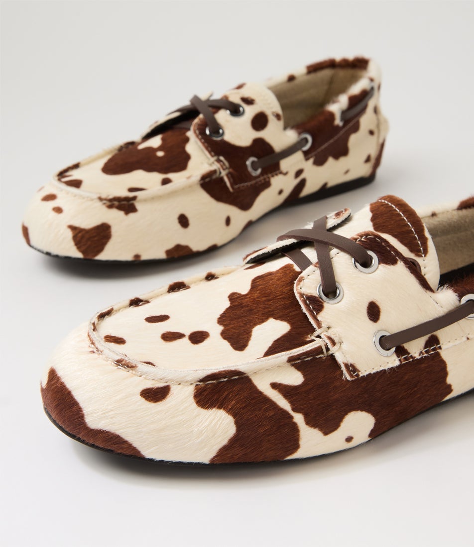 Bateau 3 White Brown Cow Pony Leather Boat Shoes