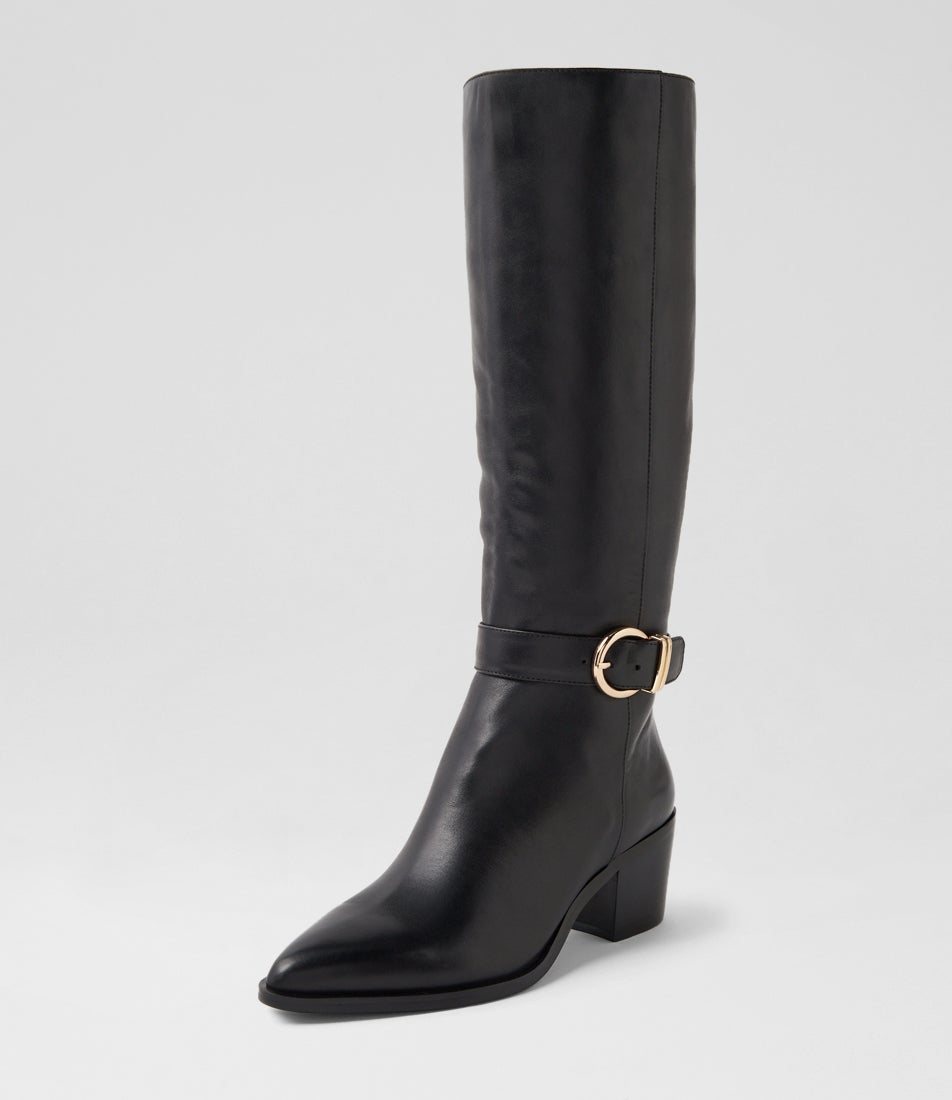 Farally Black Leather Knee High Boots