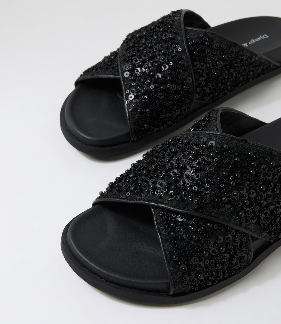 Treppie Black Sequins Leather Slides