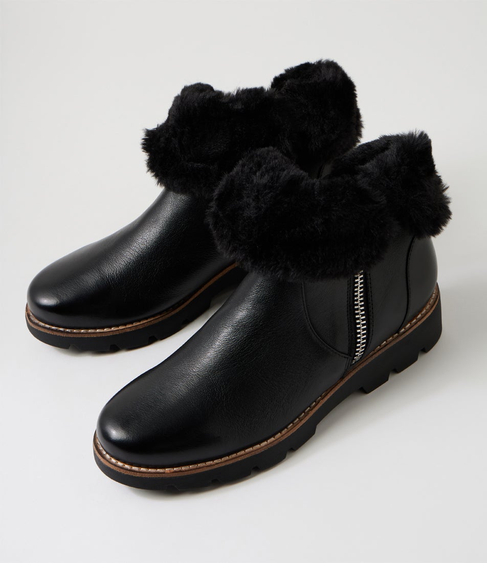 Dlinga Black Leather Fur Ankle Boots Dlinga Black Leather Fur Ankle Boots