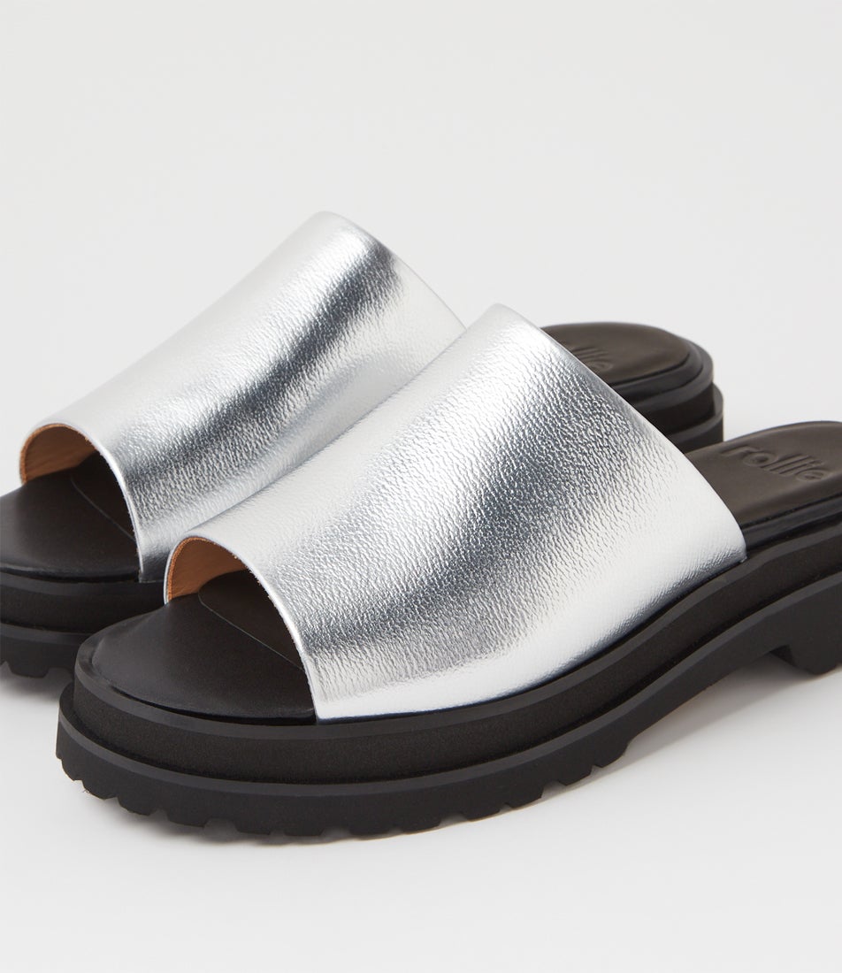 Slide Step Silver Black Leather Slides