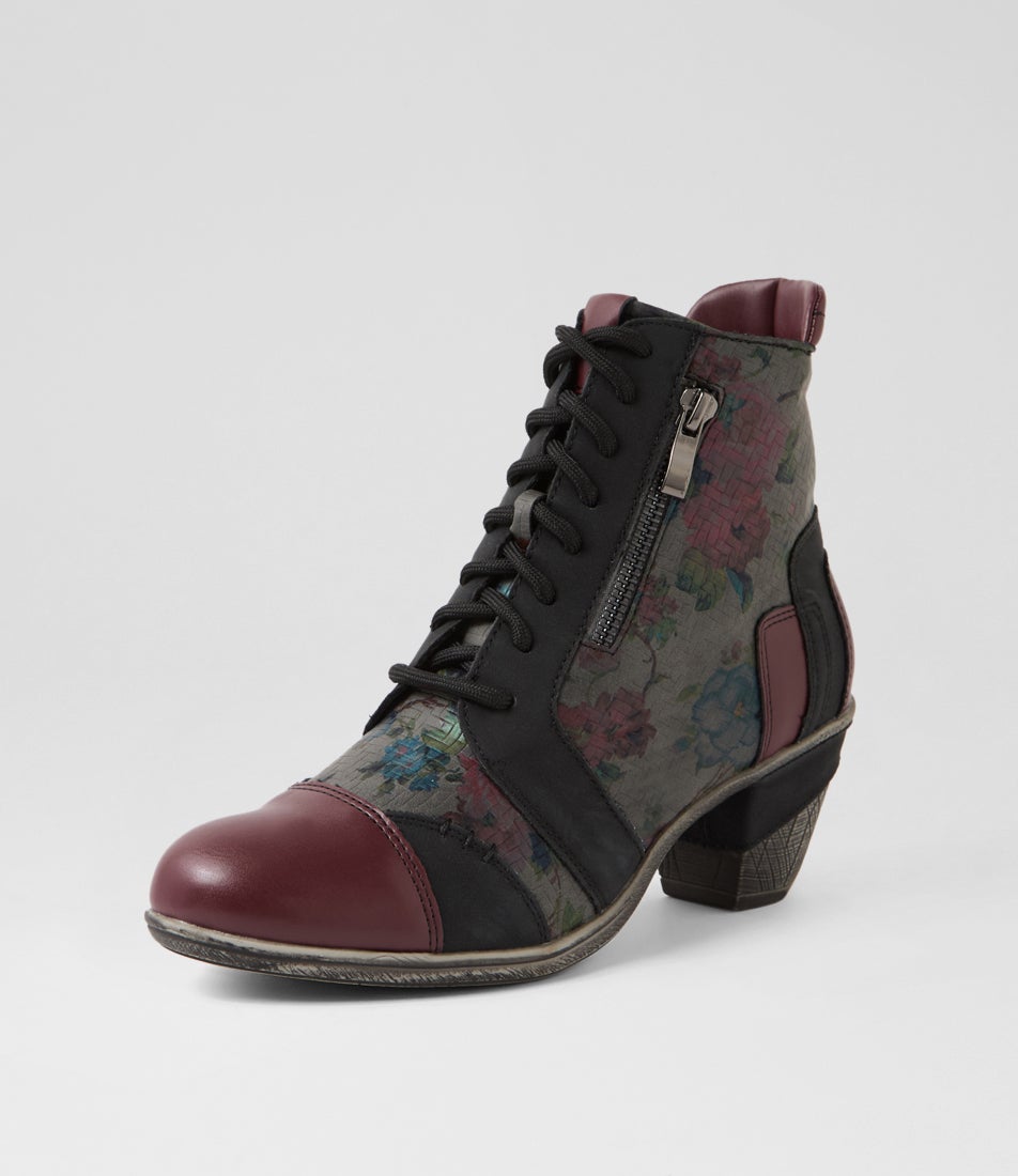 Zolika Burgundy Black Multi Lace Up Boots