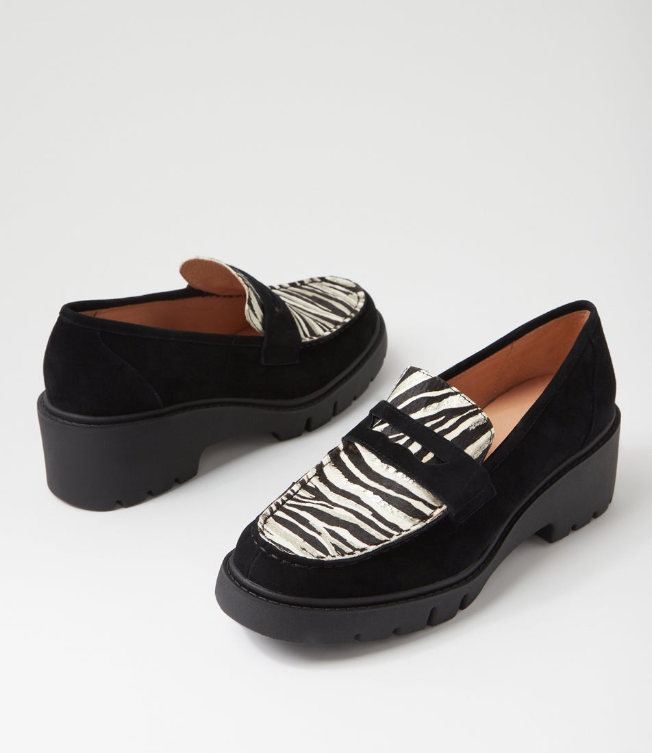 Unice Black Zebra Metallic Suede Pony Heels