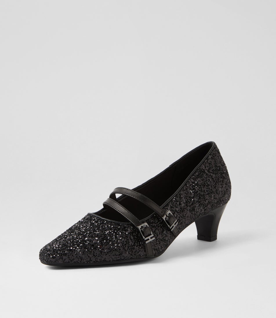 Lavis Black Glitter Leather Heels Lavis Black Glitter Leather Heels
