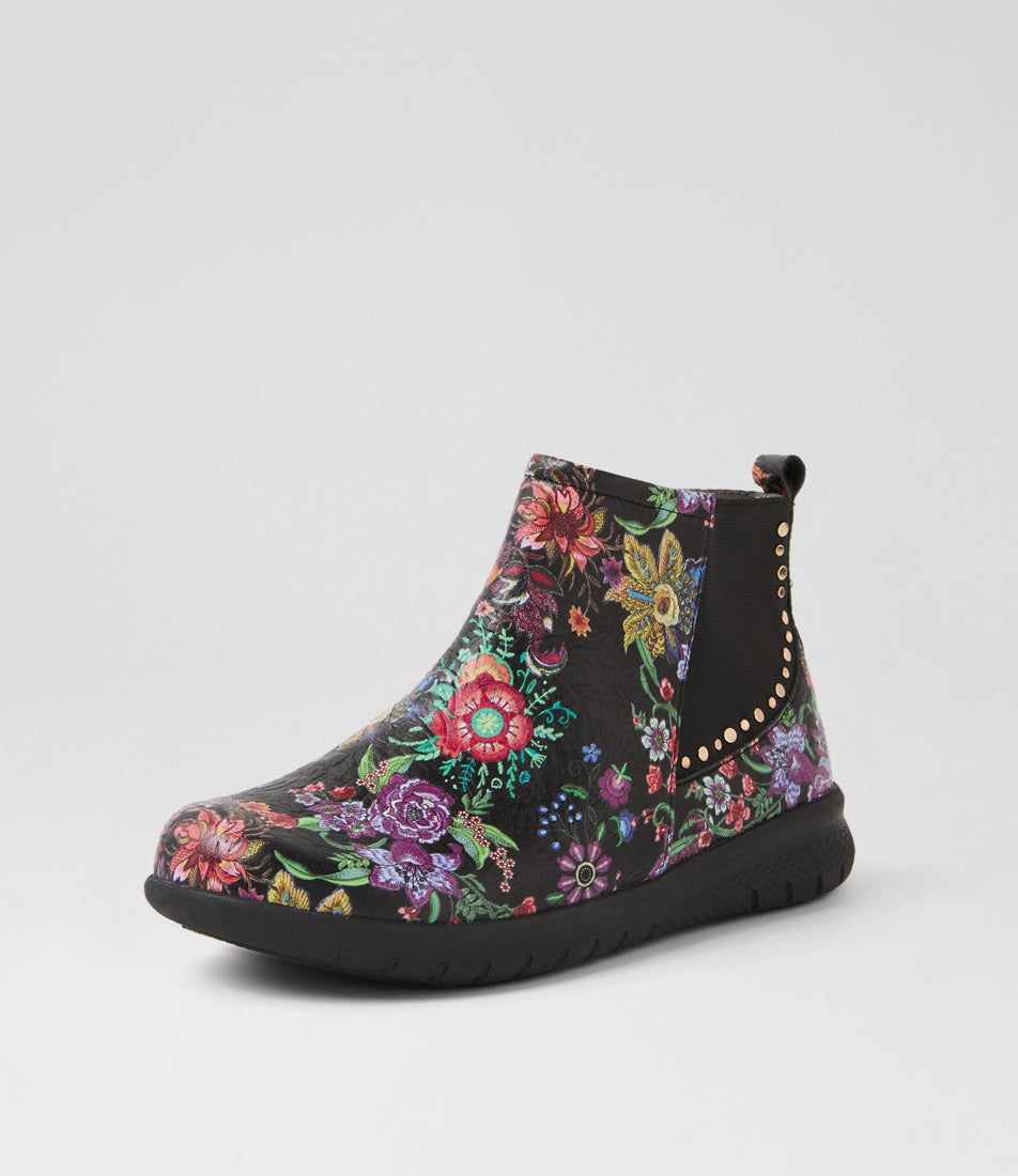 Suji Xf Black Floral Embossed Leather Elastic Ankle Boots