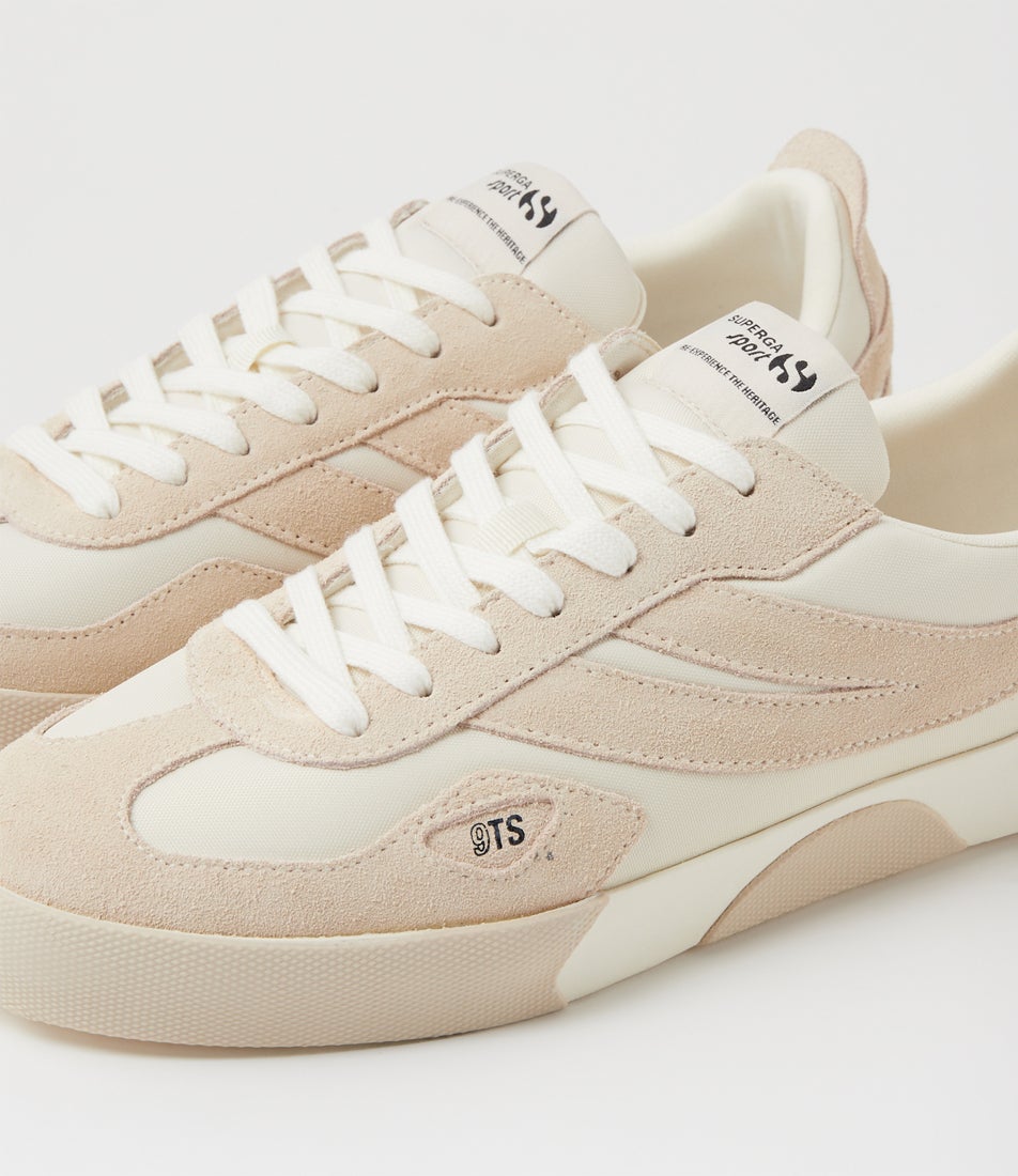 1499 9ts Court White Beige Canvas Lace Up Flats