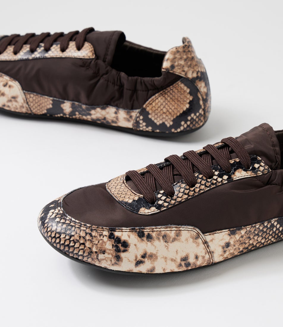 Brinkle Black Caramel Snake Choc Leather Fabric Flat Shoes