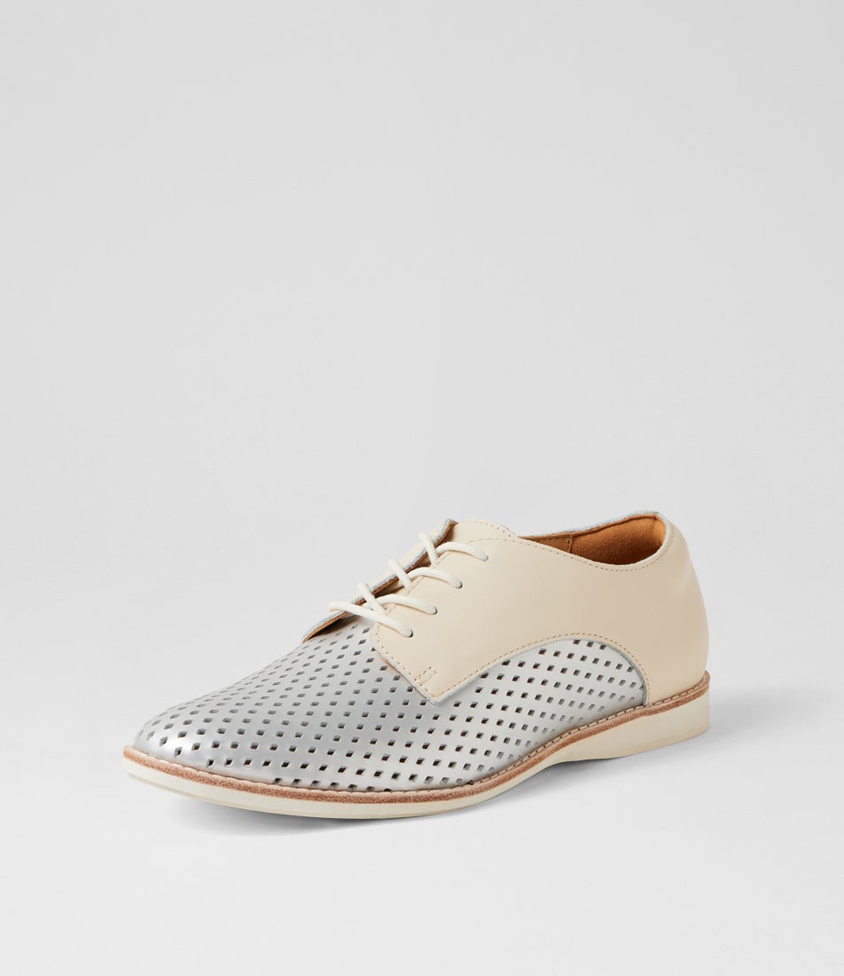 Derby Punch Overlay Silver Ecru Leather Lace Up Flats
