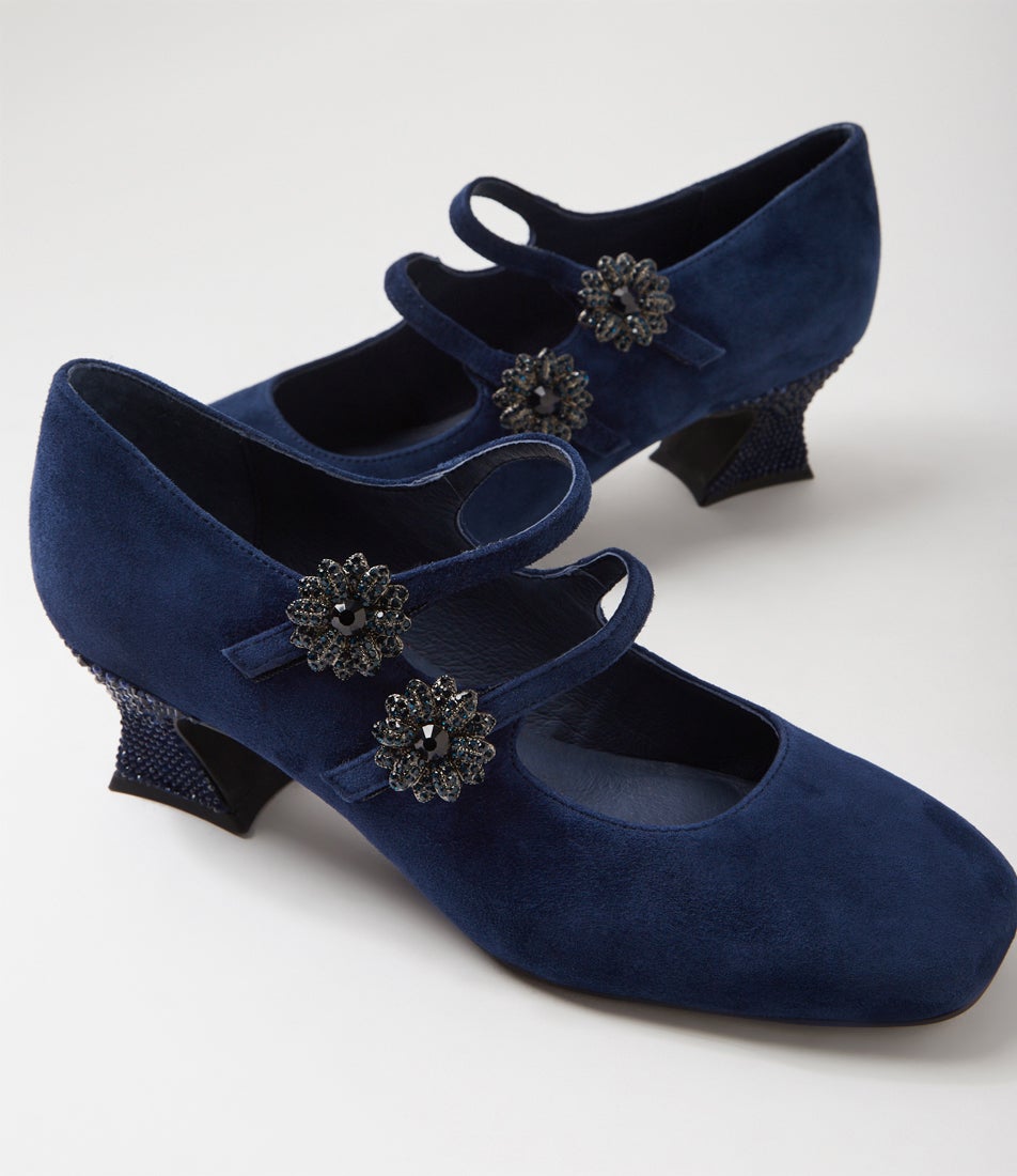 Pixxie Navy Suede Jewels Mary Jane Heels