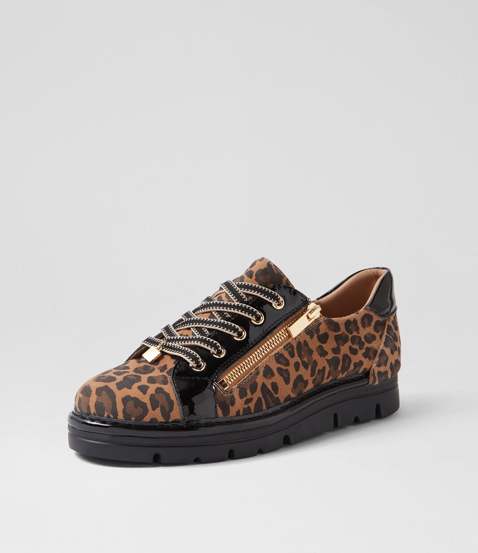 Elos Camel Leopard Black Suede Patent Sneakers