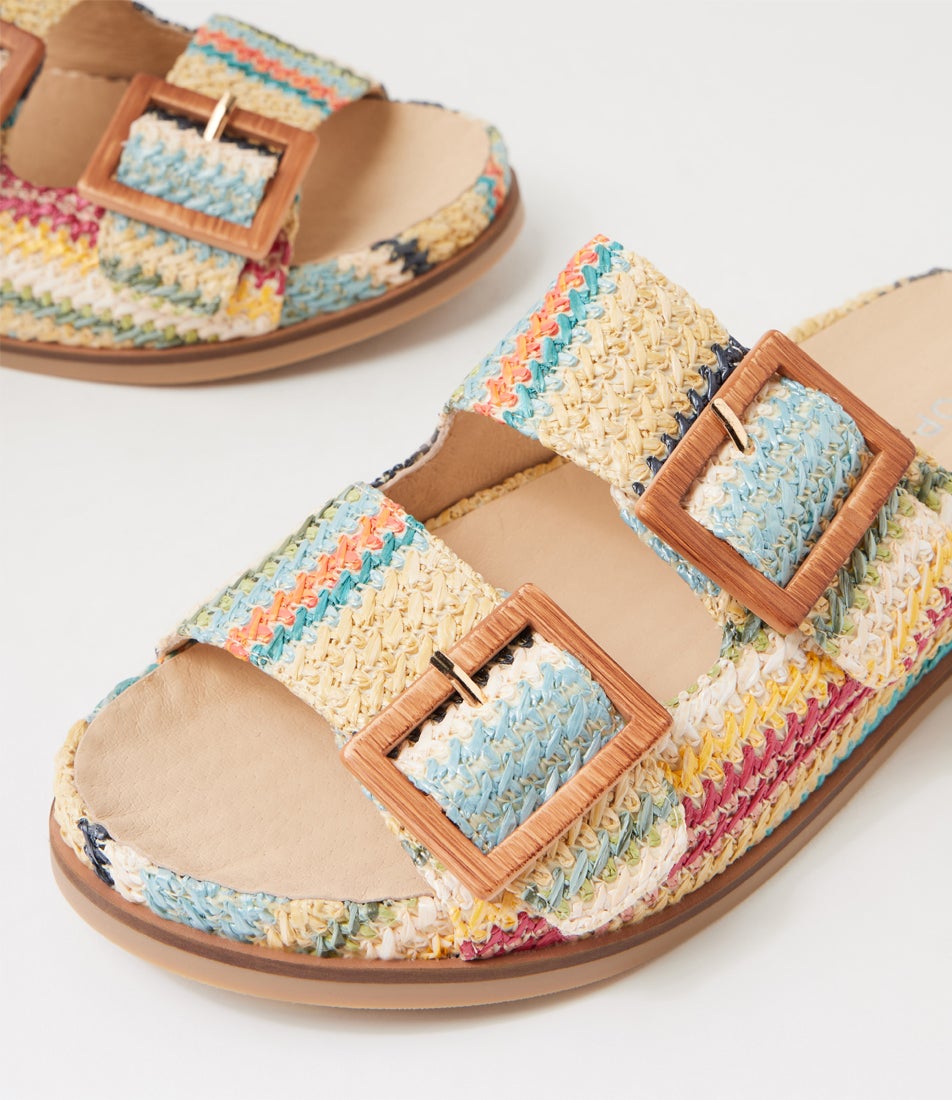 Ixey Blue Multi Synthetic Raffia Slides