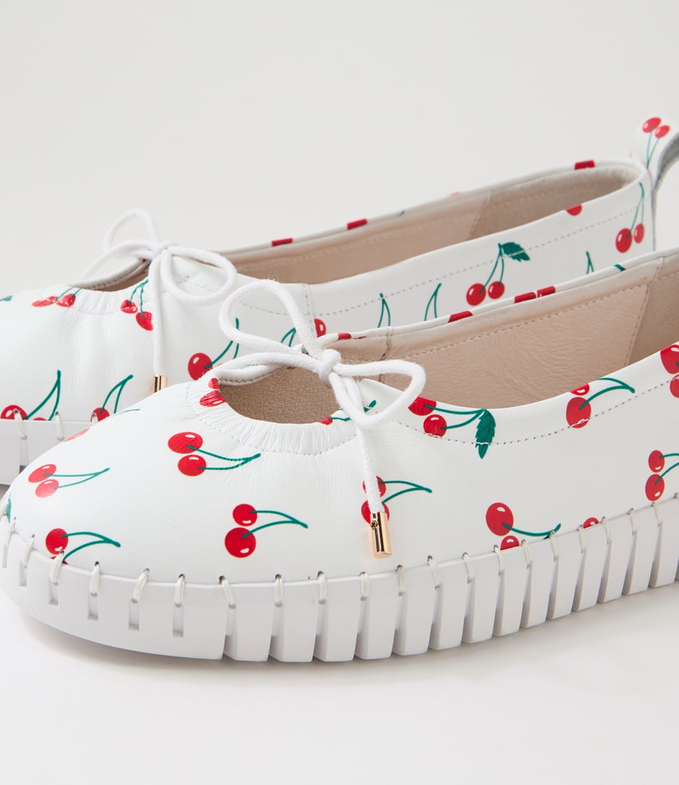 Halimas Cherry Print White Leather Ballet Flats
