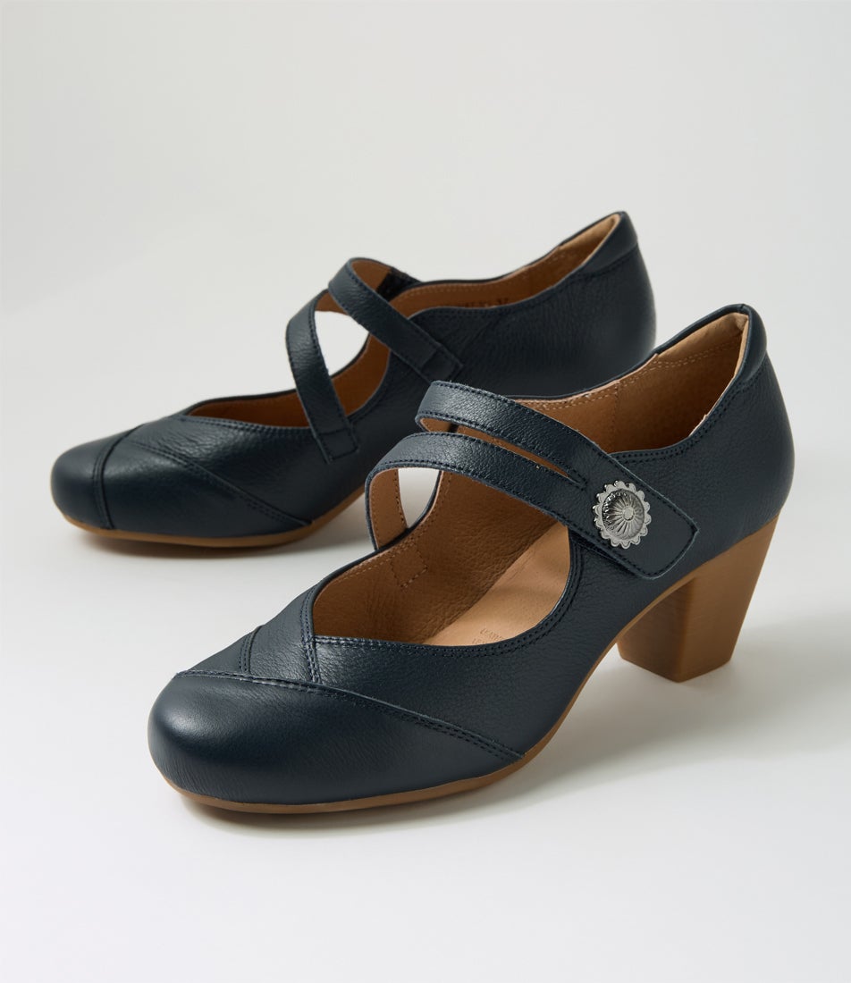 Fortunet Navy Leather Mary Jane Heels