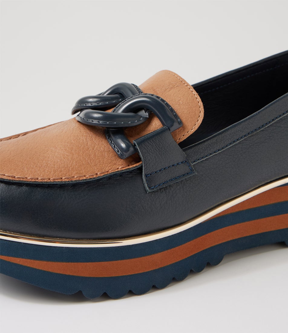 Eaila Navy Cognac Leather Loafers
