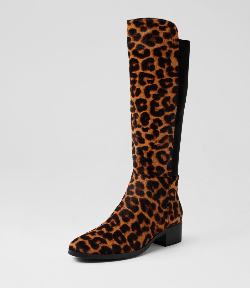 Tetley Dark Tan Leopard Black Pony Stretch Microsuede Knee High Boots