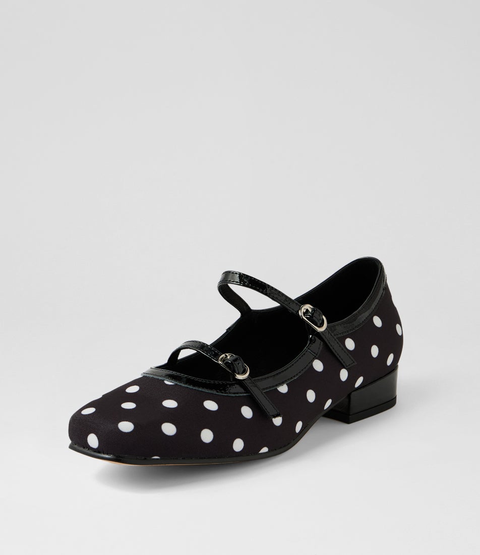 Brammleys Black White Spot Black Fabric Patent Mary Jane Heels