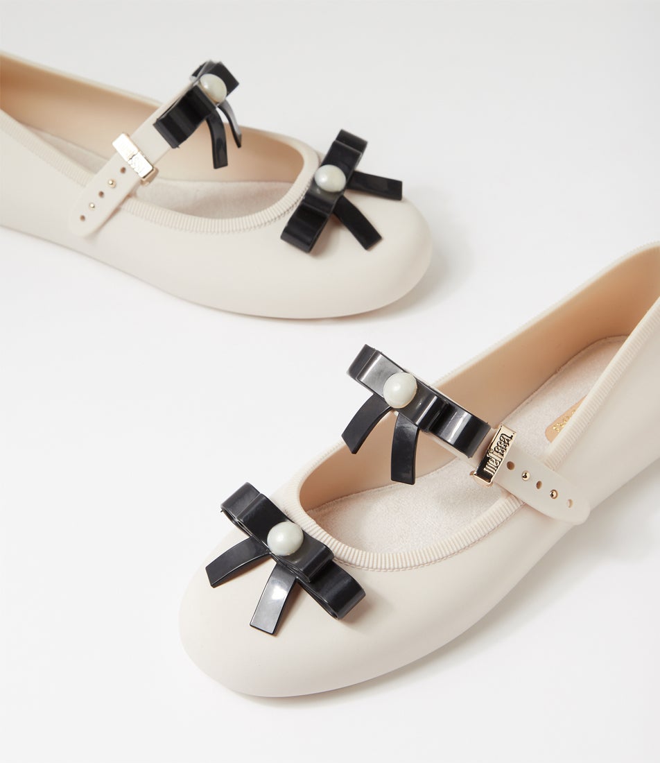 Melissa Soft Ballerina Bow Beige Black Pvc Ballet Flats