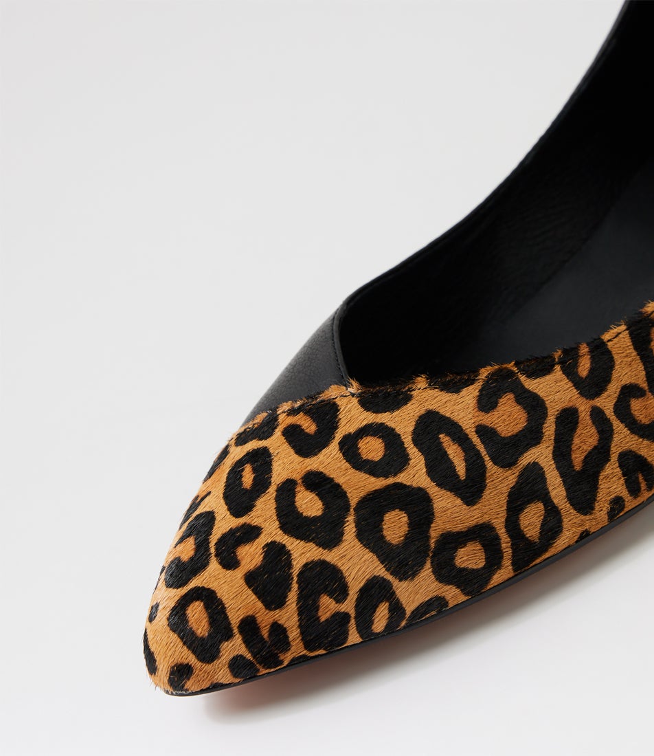 Ewa Light Tan Leopard Black Pony Leather Ballet Flats