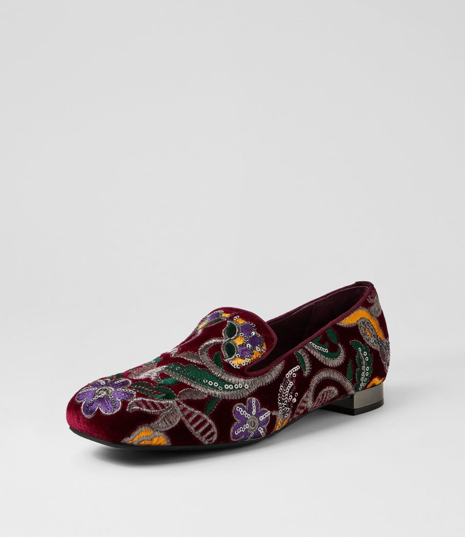 Faires Burgundy Embroidery Velvet Loafers