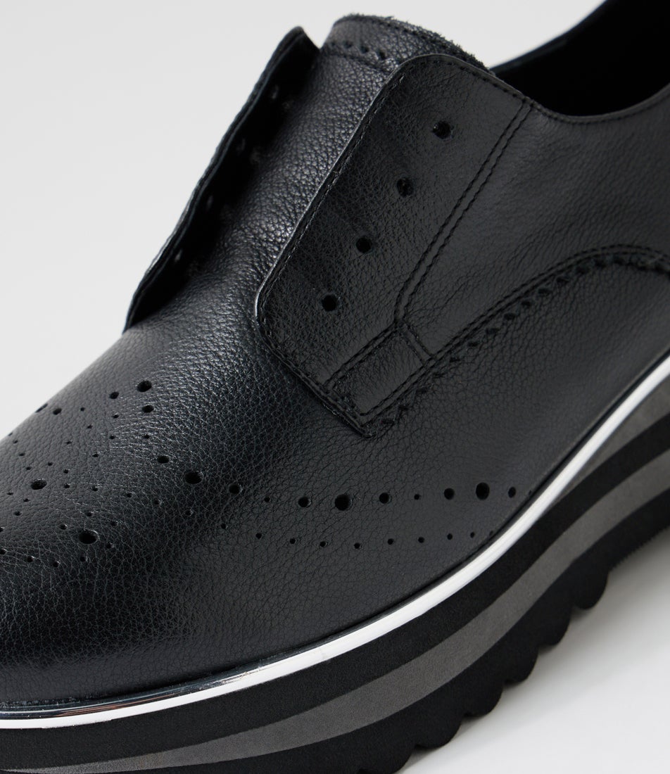 Eiras Black Charcoal Leather Flat Shoes