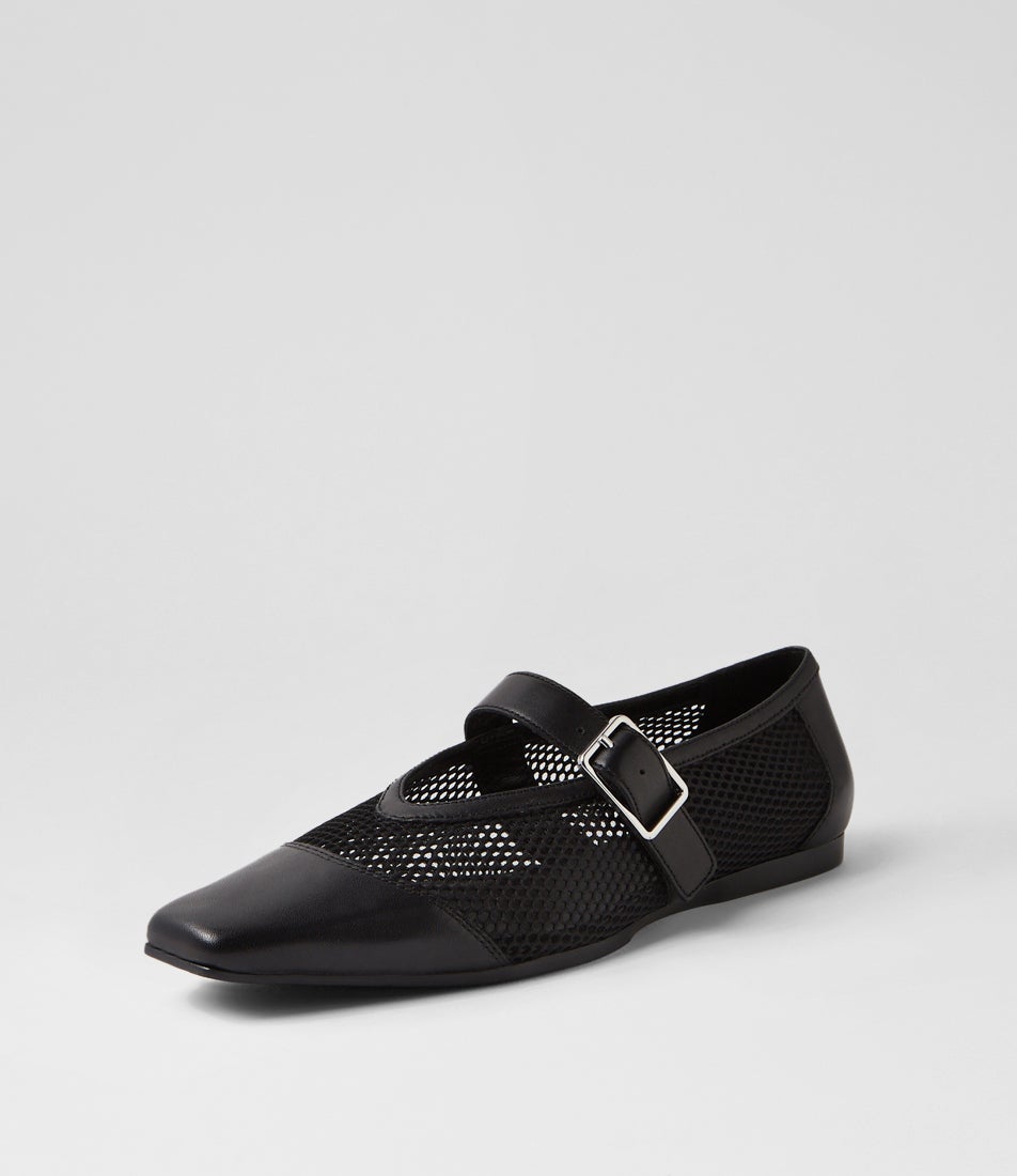 Wioletta Mesh Black Leather Flat Shoes