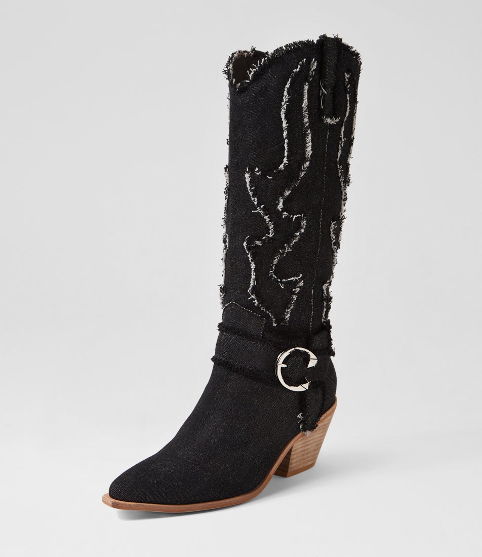 Daya Black Denim Fabric Knee High Boots