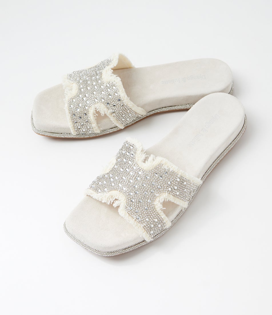Yieras White Denim Silver Fabric Slides