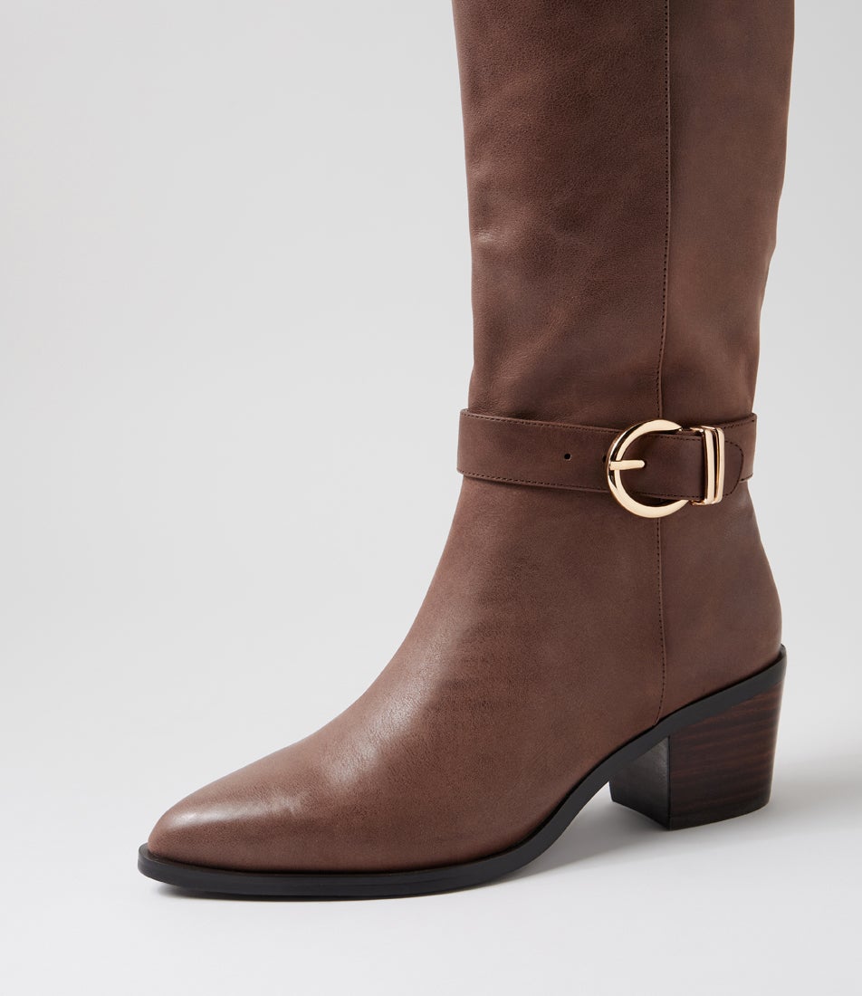 Farally Walnut Dark Brown Leather Knee High Boots