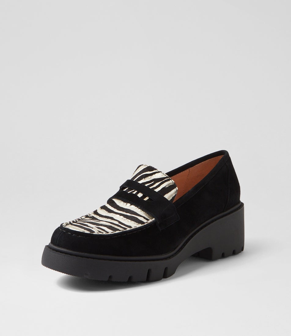Unice Black Zebra Metallic Suede Pony Heels