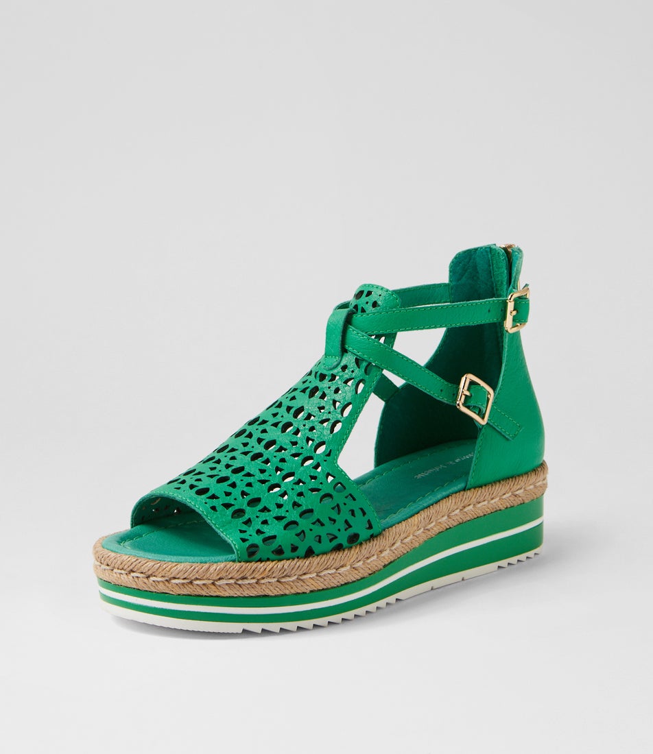 Accra Bright Emerald Leather Rope Trim Sandals