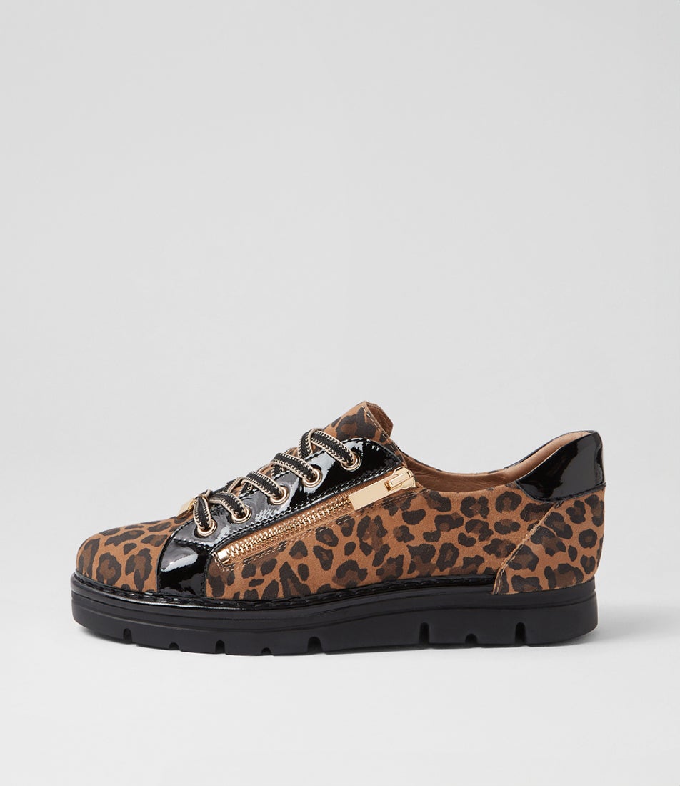 Elos Camel Leopard Black Suede Patent Sneakers