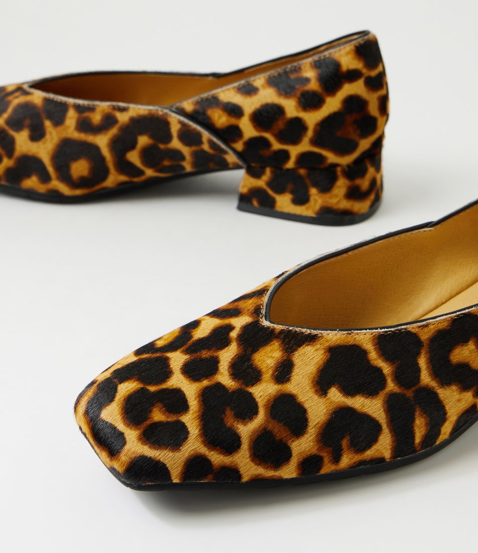 Shanices Dark Tan Leopard Black Pony Leather Ballet Flats