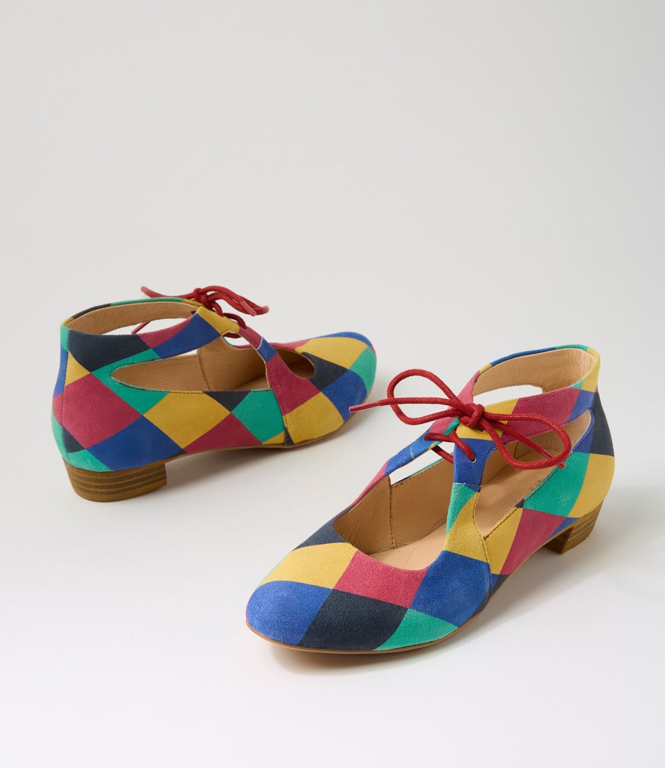 Ewing Red Harlequin Suede Lace Up Flats