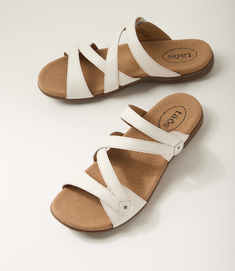 Double U White Leather Slides