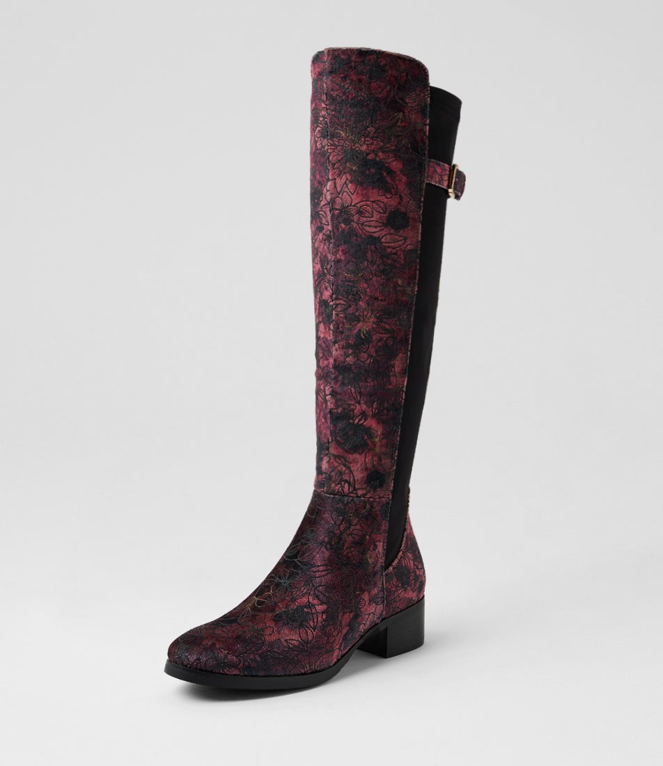 Tejai Wine Floral Velvet Knee High Boots
