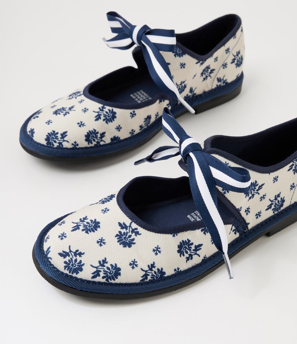 Lexey Cream Navy Flower Fabric Flat Shoes Lexey Cream Navy Flower Fabric Flat Shoes